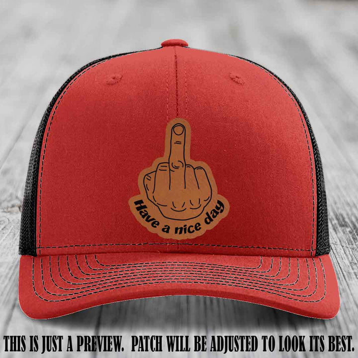Have a Nice Day 🖕 rawhide to black patch on red to black hat Richardson 112 hat