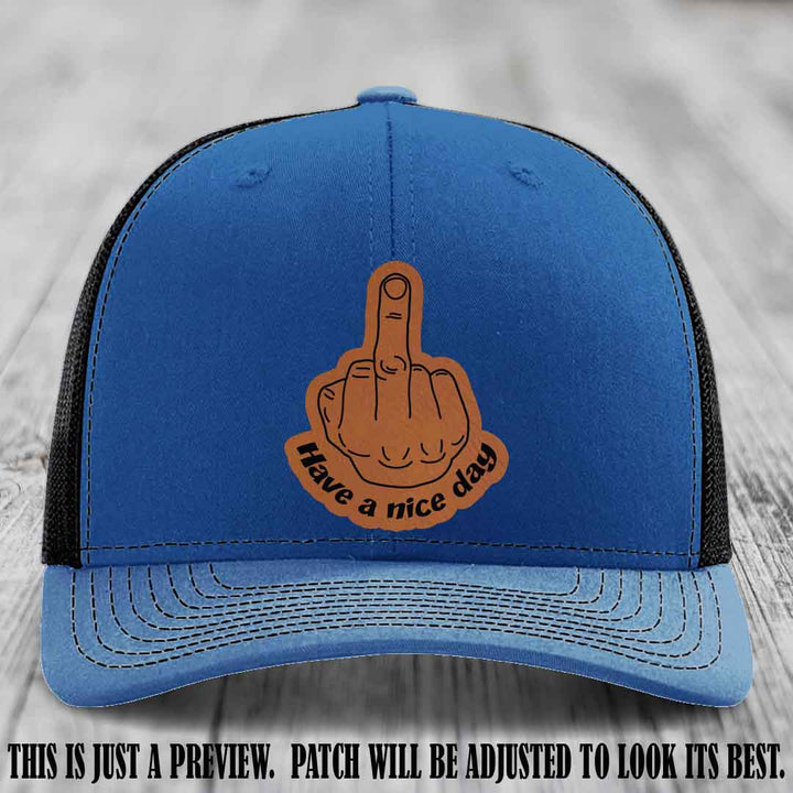 Have a Nice Day 🖕 rawhide to black patch on royal to black hat Richardson 112 hat
