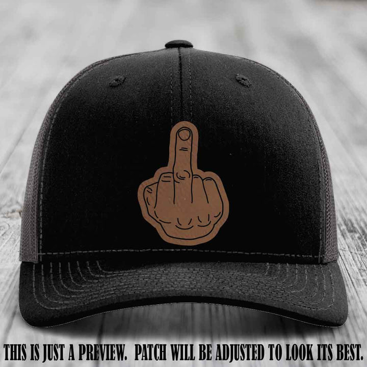 Flipping the Bird Dark Brown to Black Patch Leather Patch on Black to Charcoal Hat