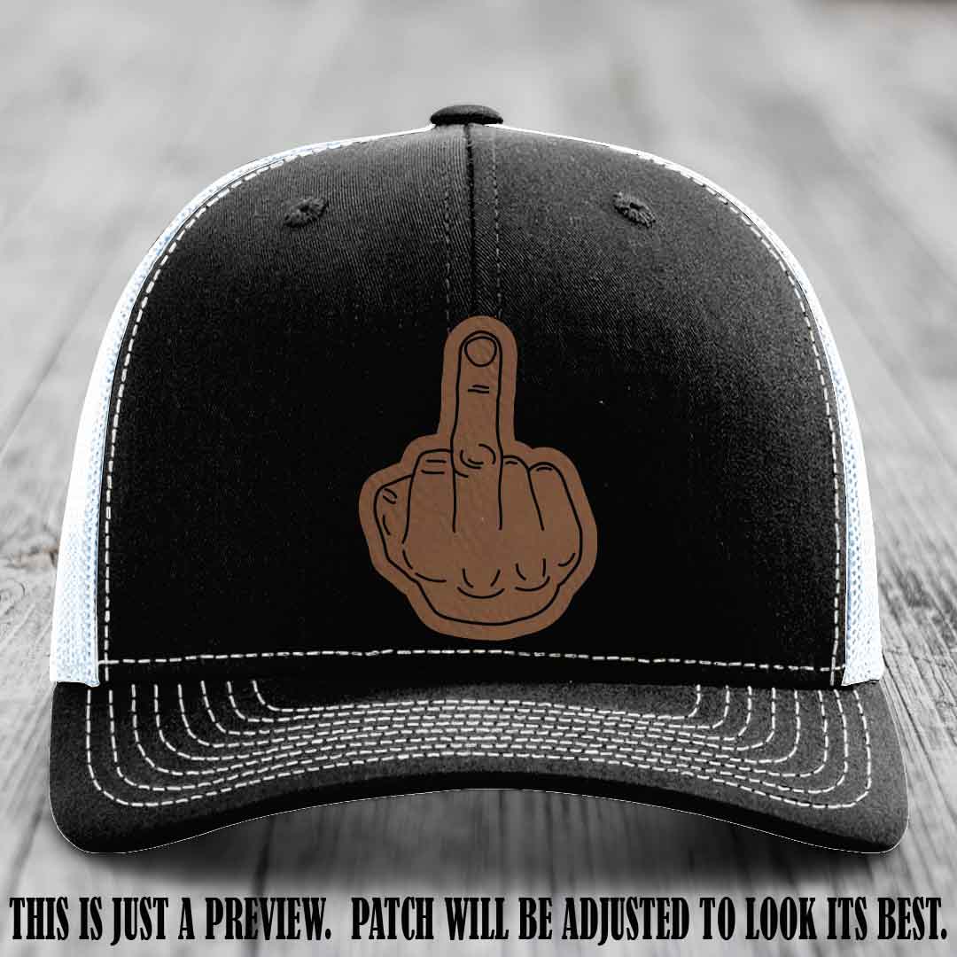 Flipping the Bird Dark Brown to Black Patch Leather Patch on Black to White Hat