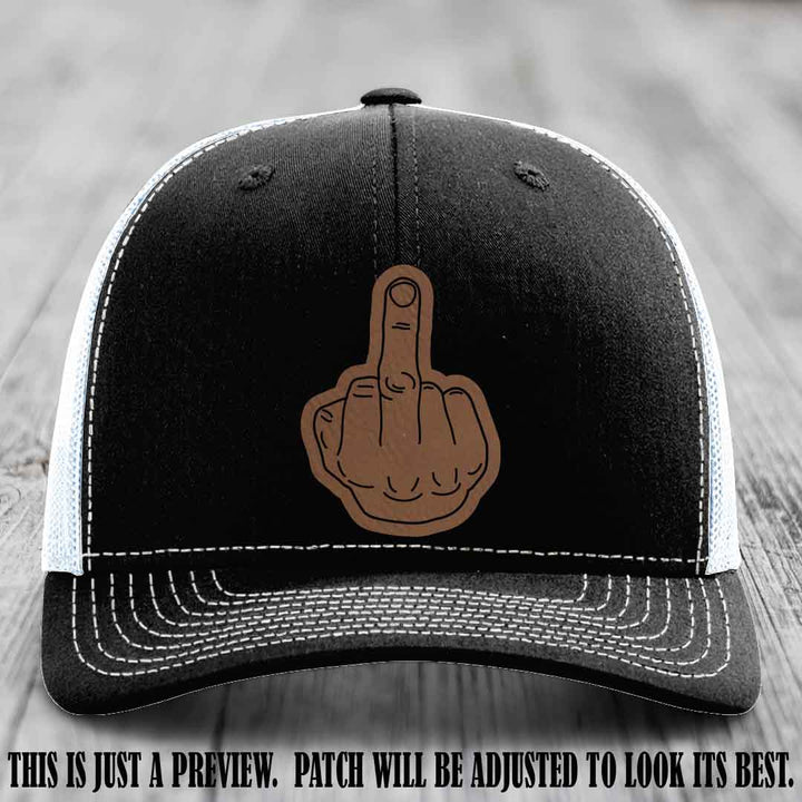Flipping the Bird Dark Brown to Black Patch Leather Patch on Black to White Hat