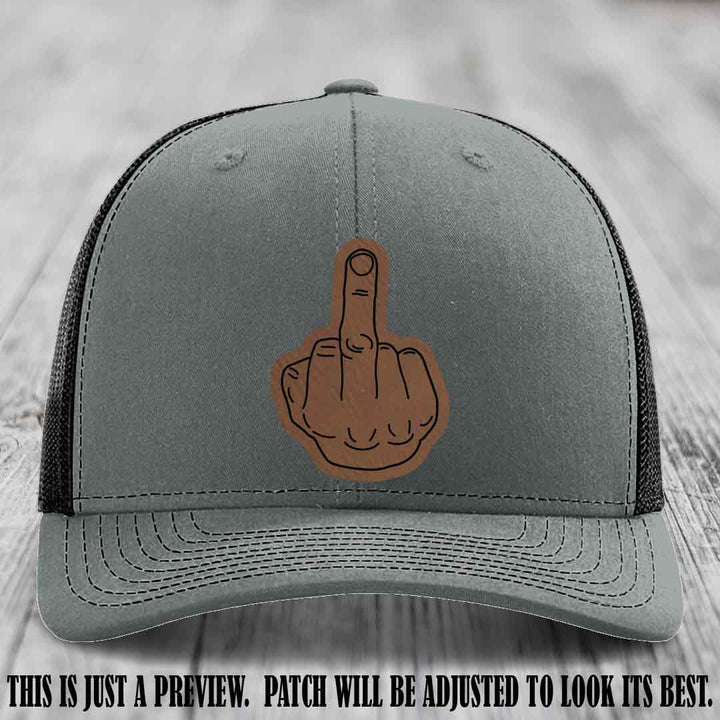 Flipping the Bird Dark Brown to Black Patch Leather Patch on Heather Grey to Black Hat