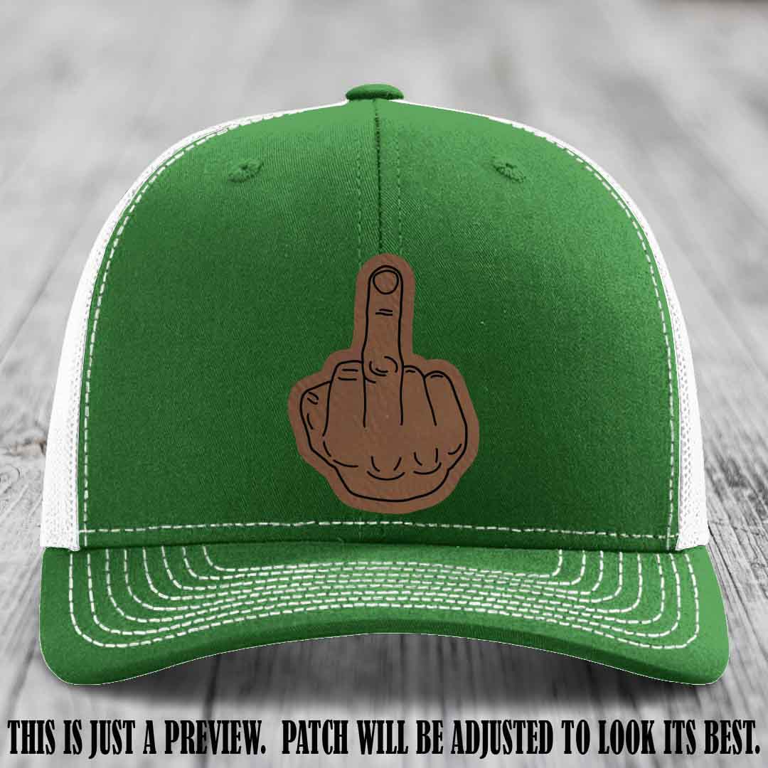 Flipping the Bird Dark Brown to Black Patch Leather Patch on Kelly to White Hat