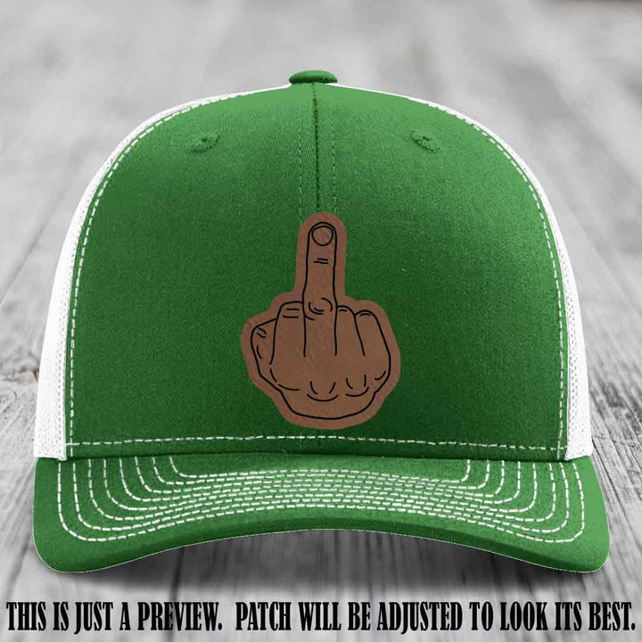 Flipping the Bird Dark Brown to Black Patch Leather Patch on Kelly to White Hat