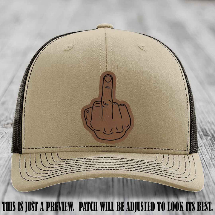 Flipping the Bird Dark Brown to Black Patch Leather Patch on Khaki to Coffee Hat
