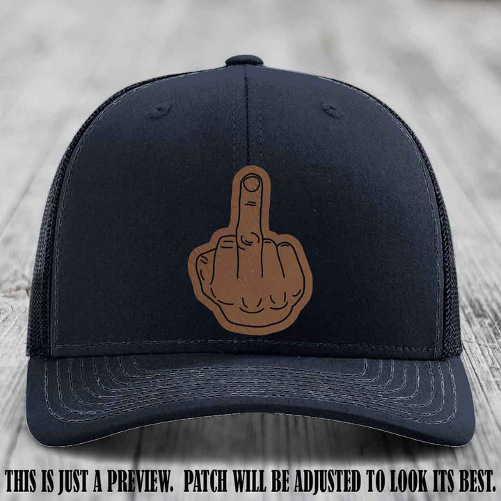 Flipping the Bird Dark Brown to Black Patch Leather Patch on Navy Hat