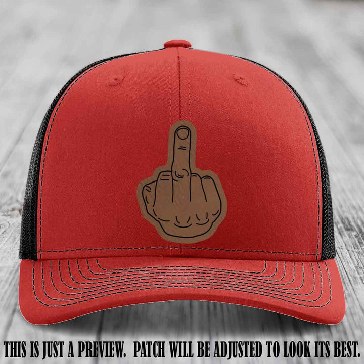 Flipping the Bird Dark Brown to Black Patch Leather Patch on Red to Black Hat