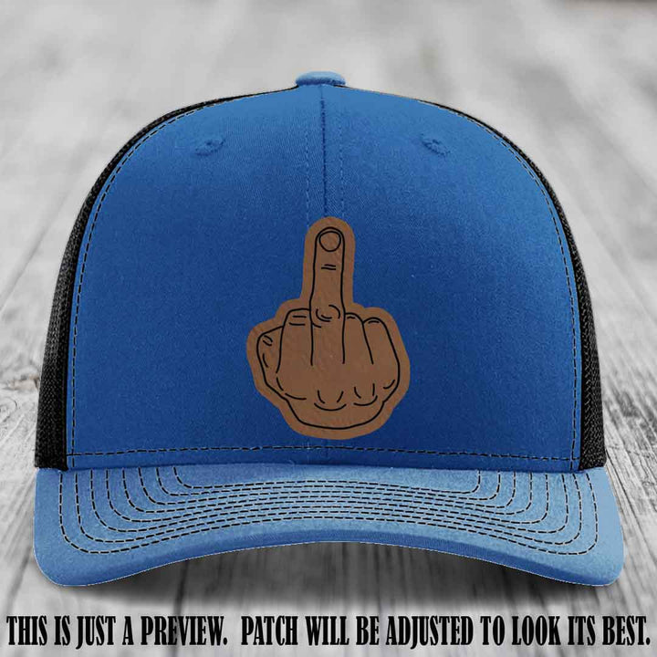 Flipping the Bird Dark Brown to Black Patch Leather Patch on Royal to Black Hat