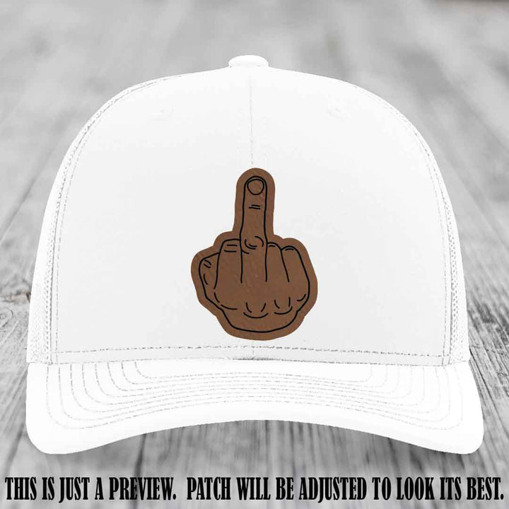 Flipping the Bird Dark Brown to Black Patch Leather Patch on White Hat
