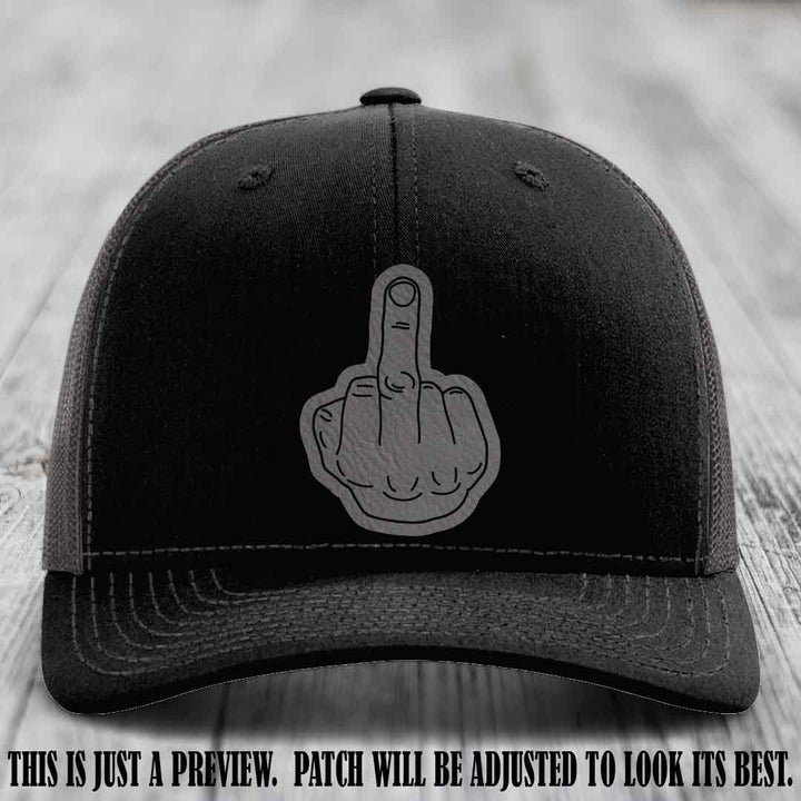 Flipping the Bird Grey to Black Patch Leather Patch on Black to Charcoal Hat