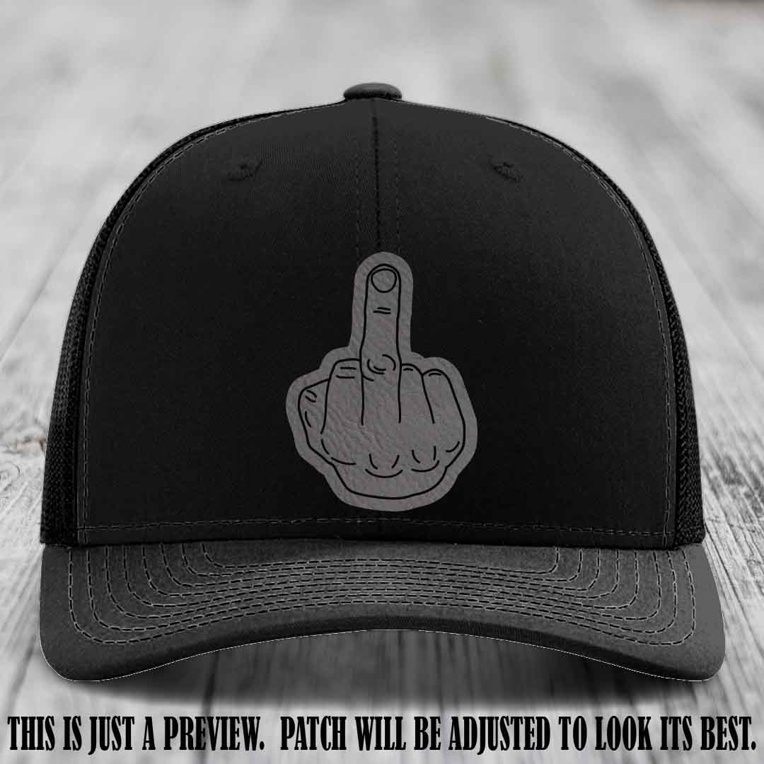 Flipping the Bird Grey to Black Patch Leather Patch on Black Hat