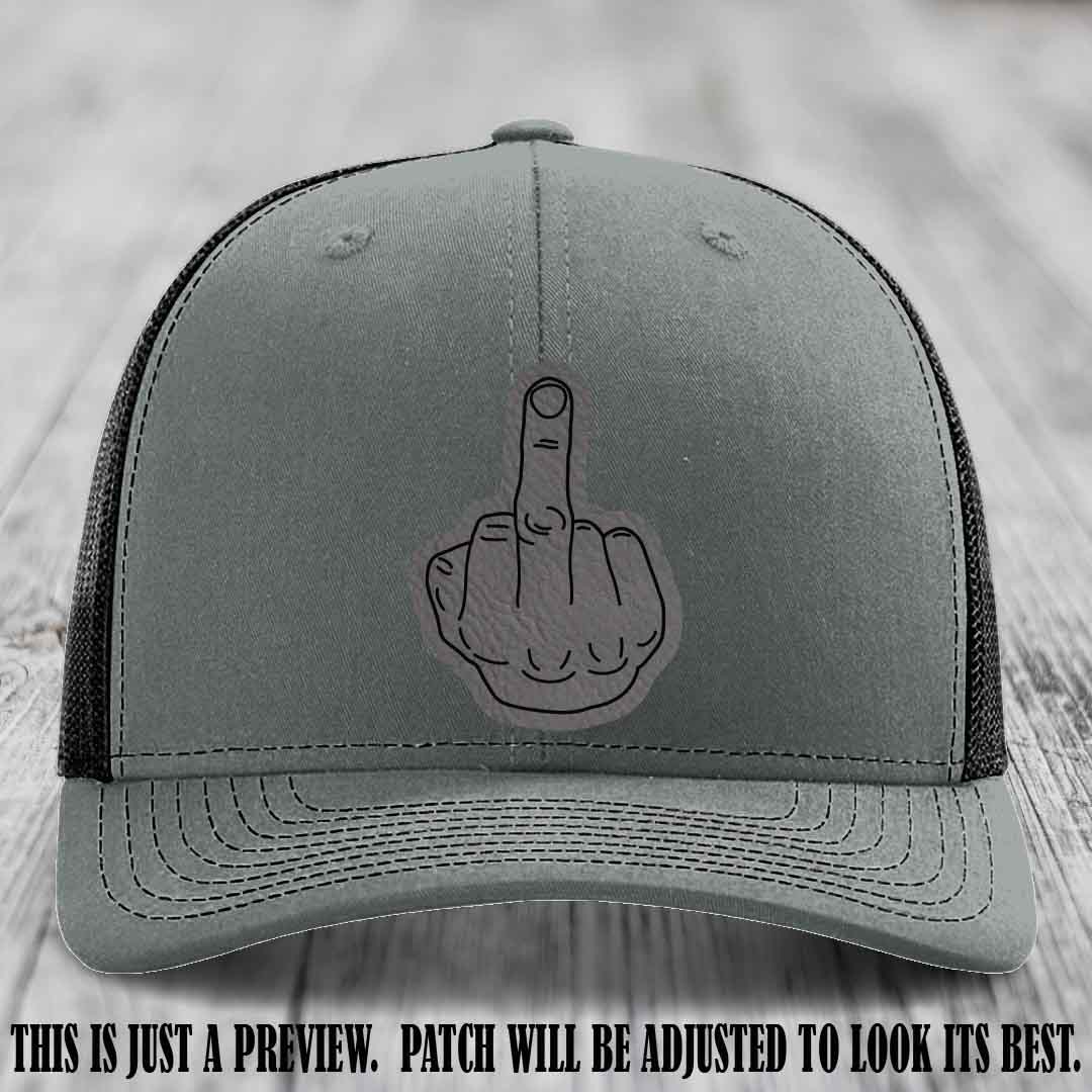 Flipping the Bird Grey to Black Patch Leather Patch on Heather Grey to Black Hat