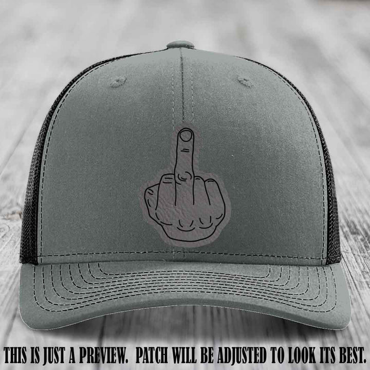 Flipping the Bird Grey to Black Patch Leather Patch on Heather Grey to Black Hat