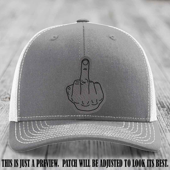 Flipping the Bird Grey to Black Patch Leather Patch on Heather Grey to White Hat