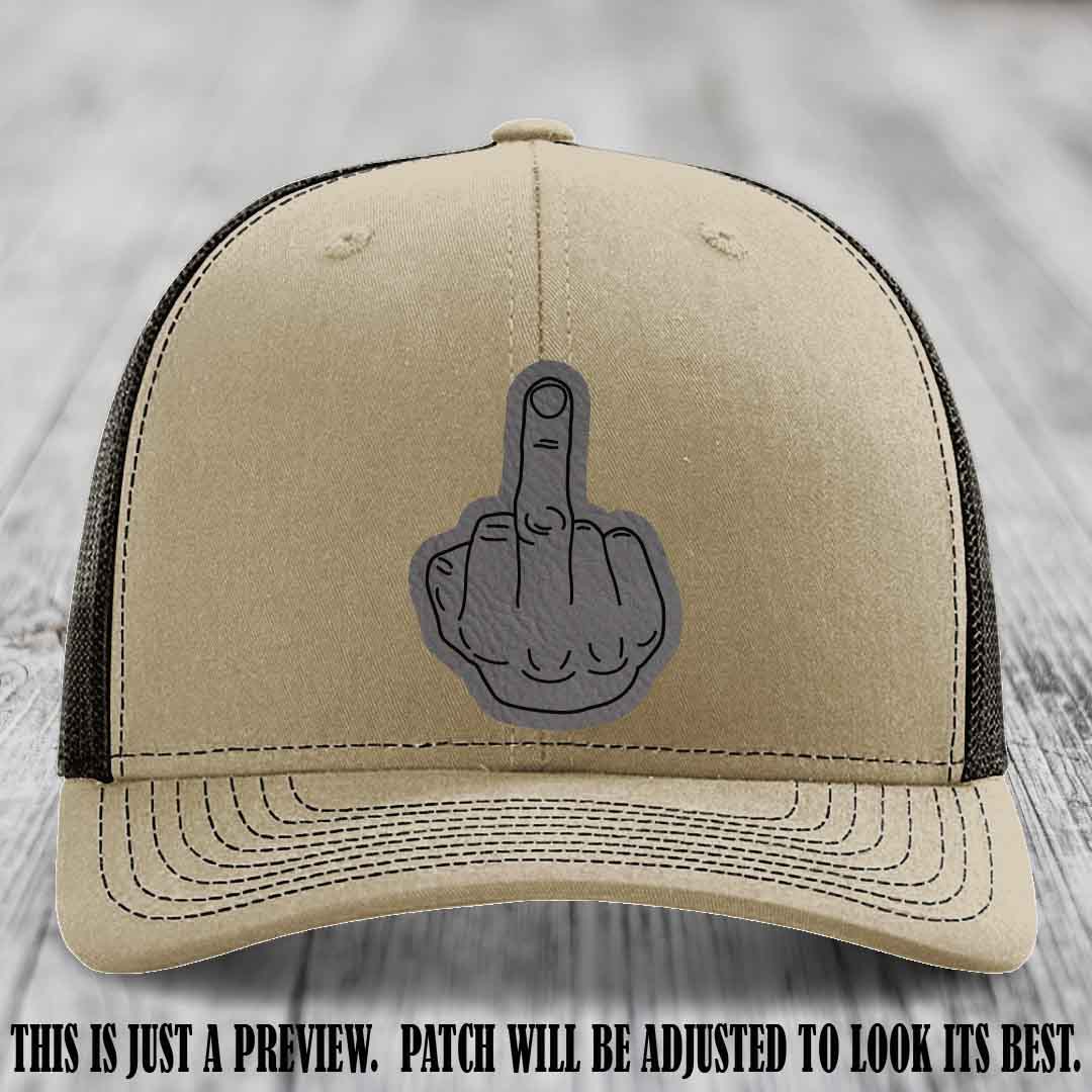 Flipping the Bird Grey to Black Patch Leather Patch on Khaki to Coffee Hat