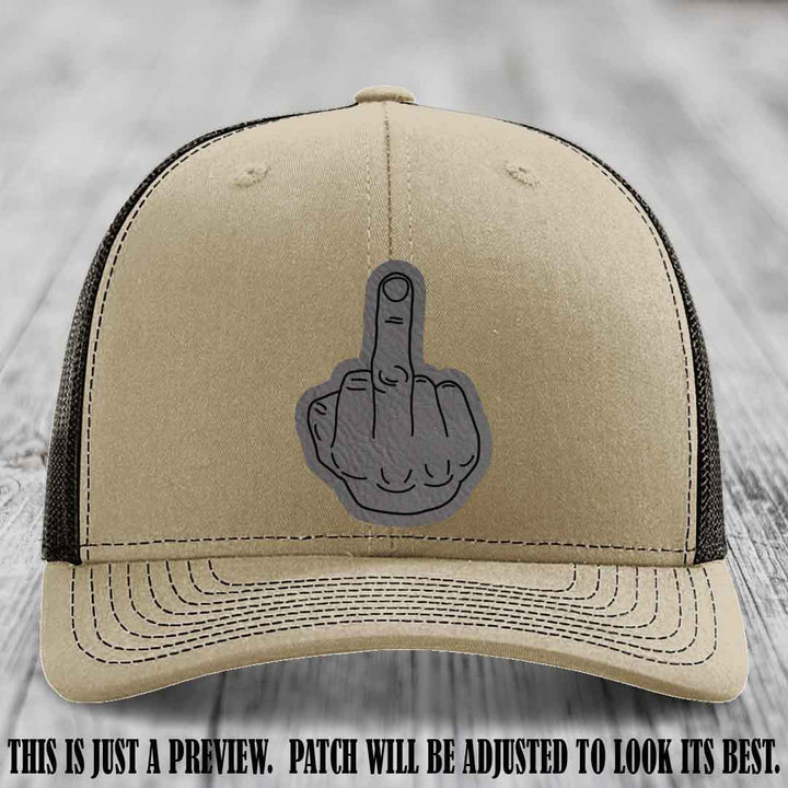 Flipping the Bird Grey to Black Patch Leather Patch on Khaki to Coffee Hat