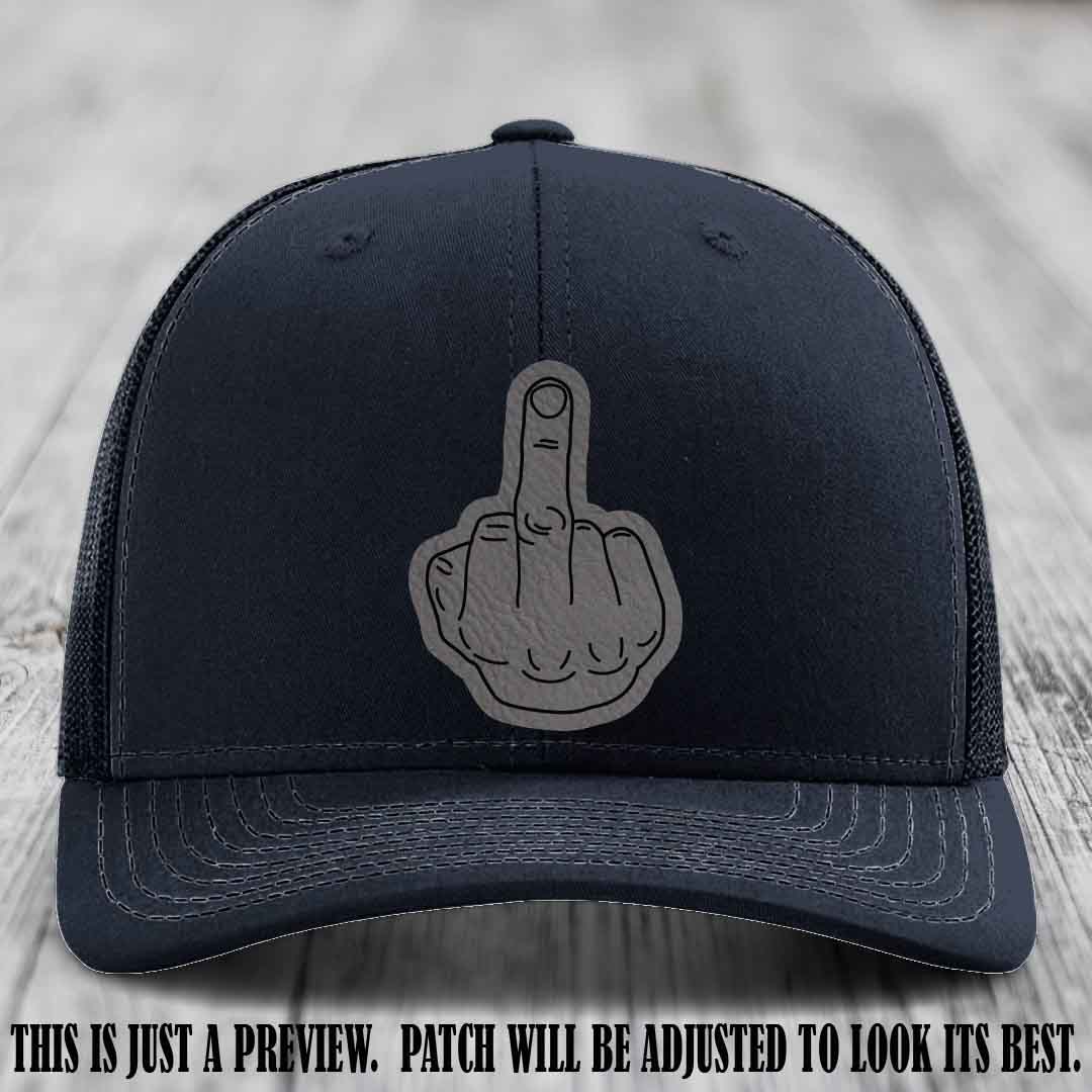 Flipping the Bird Grey to Black Patch Leather Patch on Navy Hat