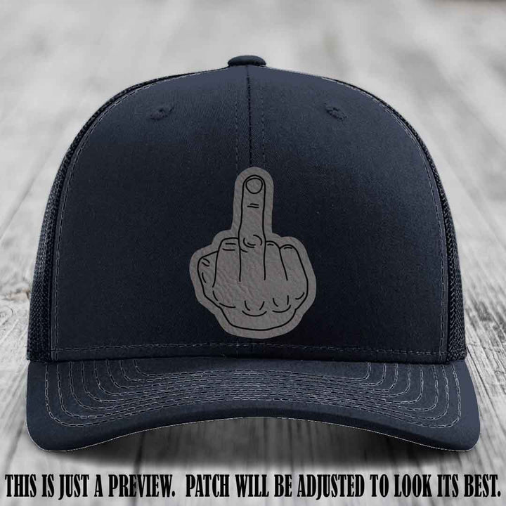 Flipping the Bird Grey to Black Patch Leather Patch on Navy Hat