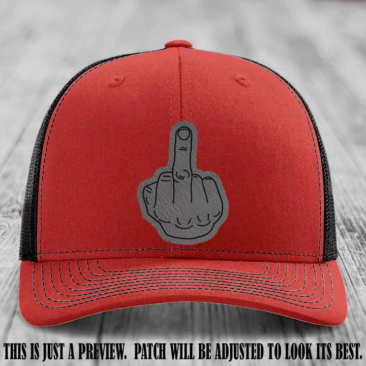 Flipping the Bird Grey to Black Patch Leather Patch on Red to Black Hat