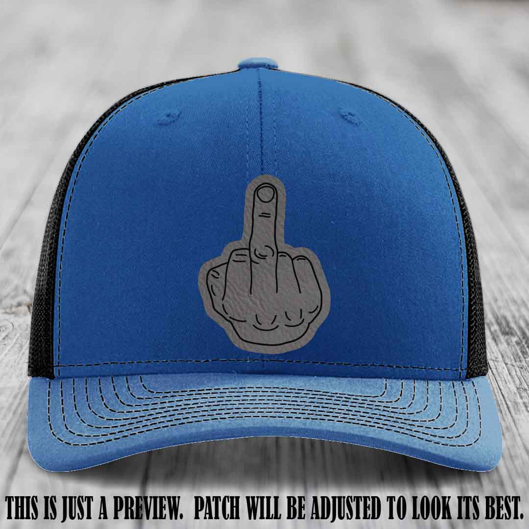 Flipping the Bird Grey to Black Patch Leather Patch on Royal to Black Hat