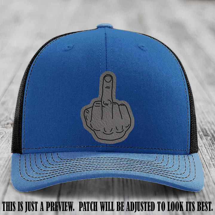 Flipping the Bird Grey to Black Patch Leather Patch on Royal to Black Hat