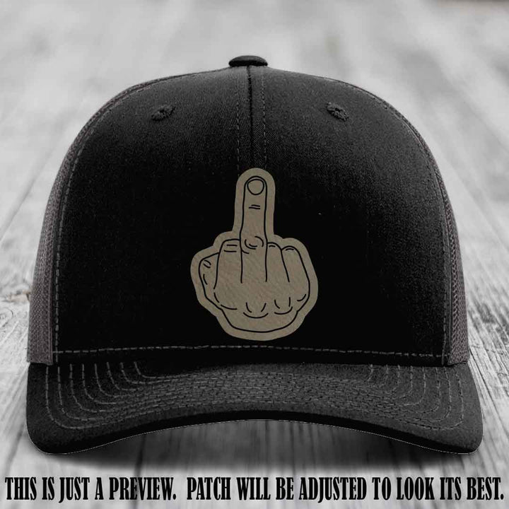 Flipping the Bird Light Brown to Black Patch Leather Patch on Black to Charcoal Hat