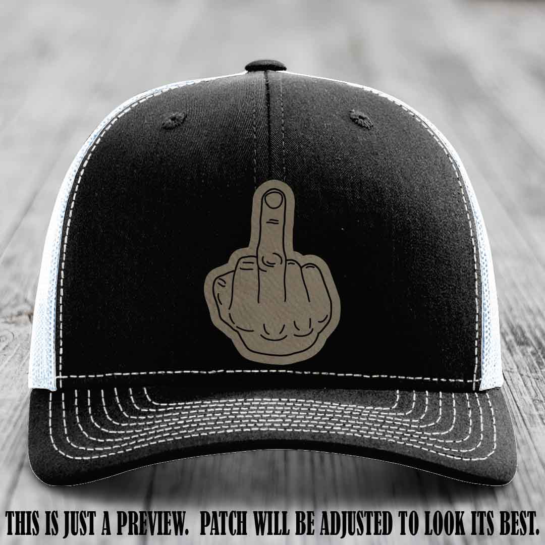 Flipping the Bird Light Brown to Black Patch Leather Patch on Black to White Hat