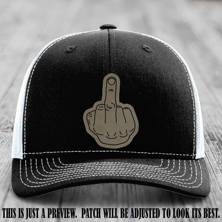 Flipping the Bird Light Brown to Black Patch Leather Patch on Black to White Hat