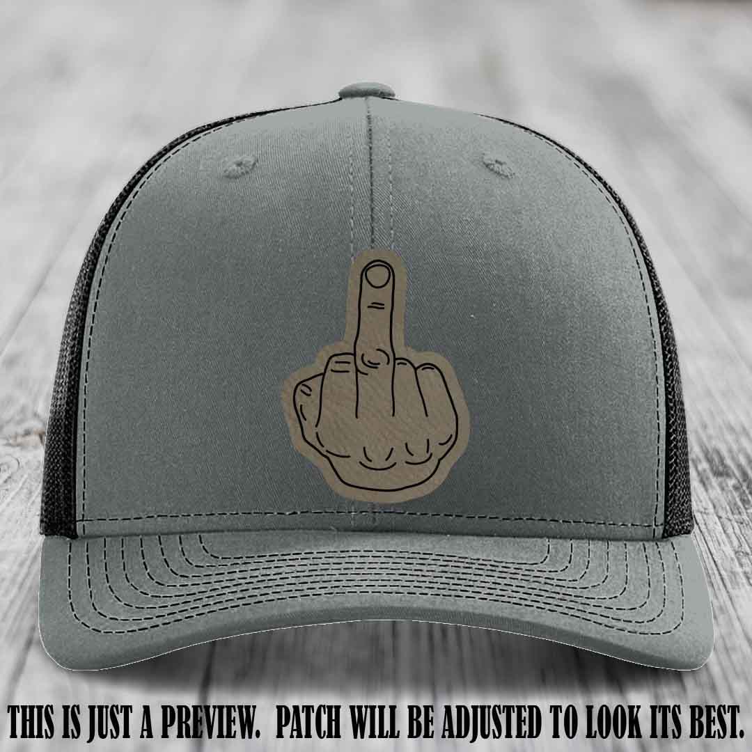 Flipping the Bird Light Brown to Black Patch Leather Patch on Heather Grey to Black Hat