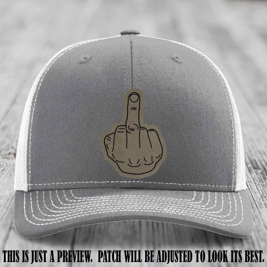 Flipping the Bird Light Brown to Black Patch Leather Patch on Heather Grey to White Hat