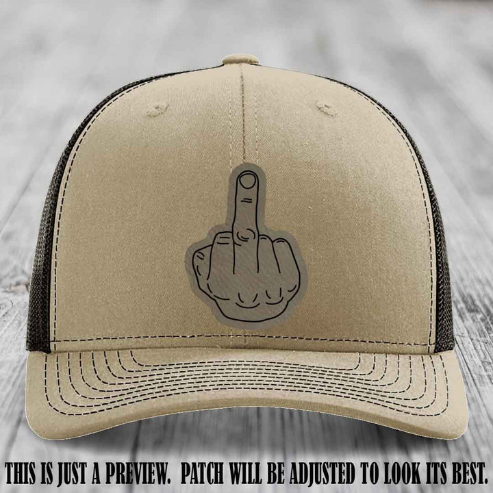 Flipping the Bird Light Brown to Black Patch Leather Patch on Khaki to Coffee Hat