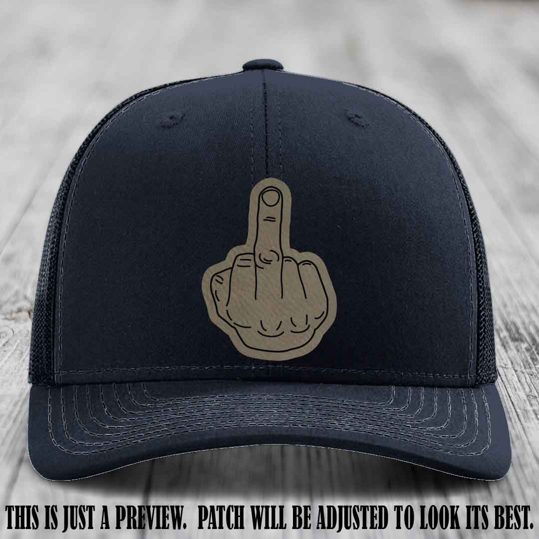 Flipping the Bird Light Brown to Black Patch Leather Patch on Navy Hat