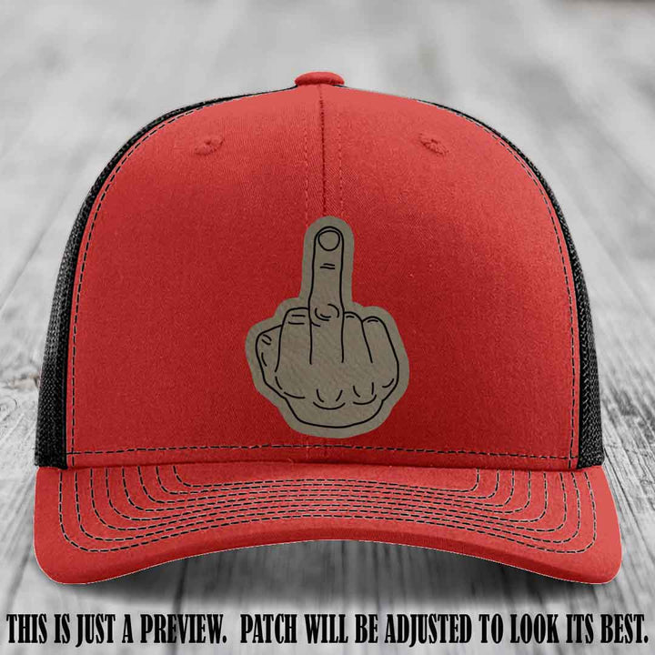 Flipping the Bird Light Brown to Black Patch Leather Patch on Red to Black Hat