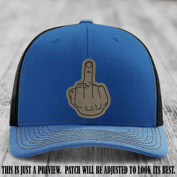 Flipping the Bird Light Brown to Black Patch Leather Patch on Royal to Black Hat