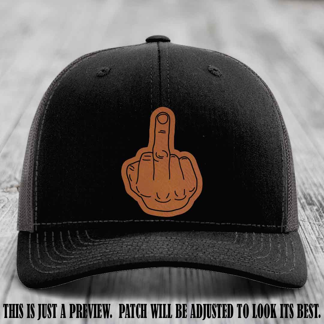 Flipping the Bird Rawhide to Black Patch Leather Patch on Black to Charcoal Hat