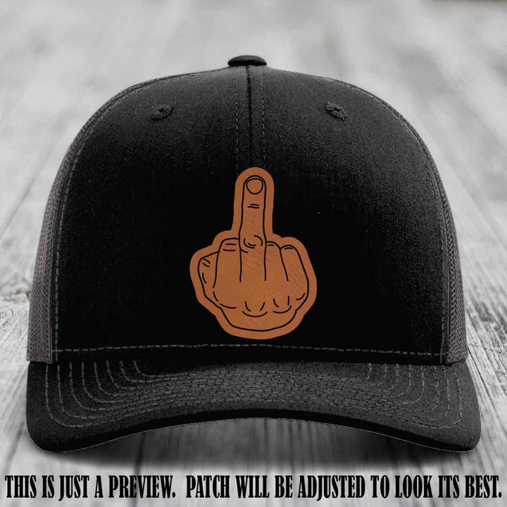 Flipping the Bird Rawhide to Black Patch Leather Patch on Black to Charcoal Hat