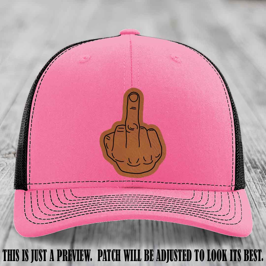 Flipping the Bird Rawhide to Black Patch Leather Patch on Hot Pink to Black Hat