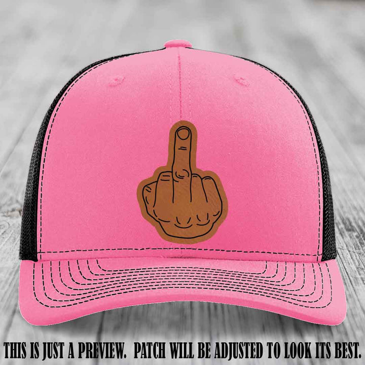 Flipping the Bird Rawhide to Black Patch Leather Patch on Hot Pink to Black Hat
