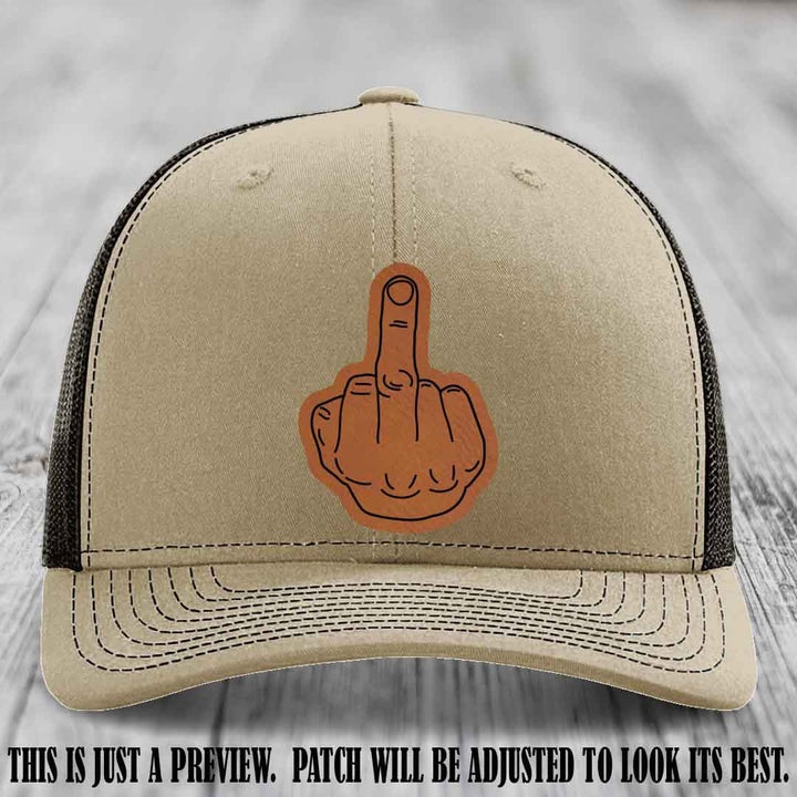 Flipping the Bird Rawhide to Black Patch Leather Patch on Khaki to Coffee Hat