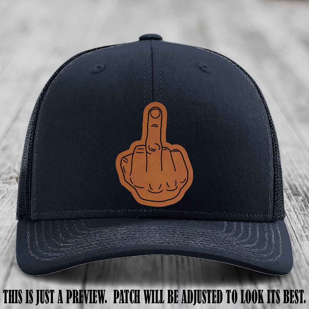 Flipping the Bird Rawhide to Black Patch Leather Patch on Navy Hat