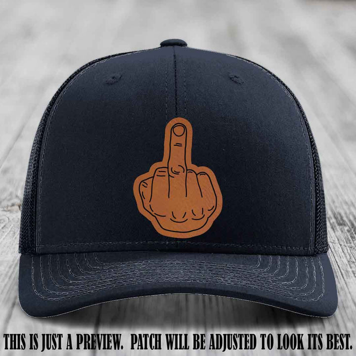 Flipping the Bird Rawhide to Black Patch Leather Patch on Navy Hat