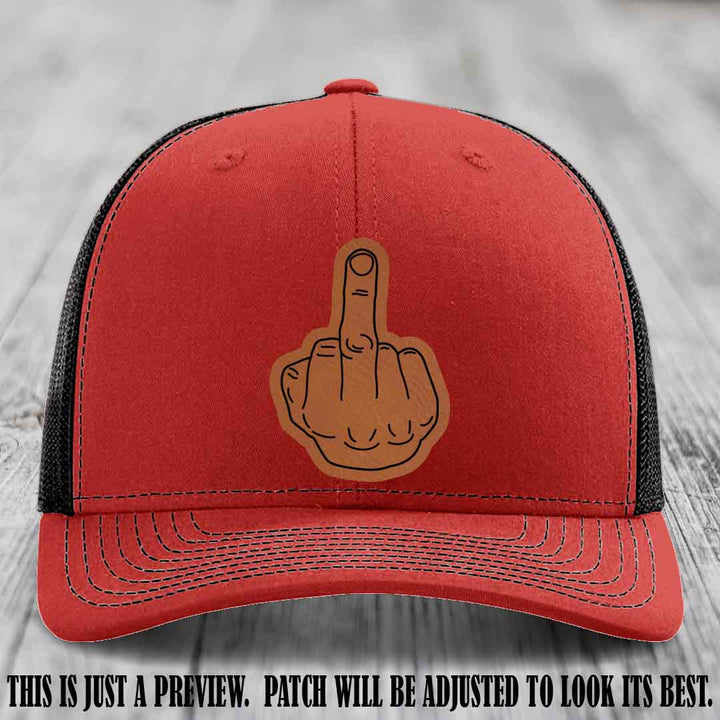 Flipping the Bird Rawhide to Black Patch Leather Patch on Red to Black Hat