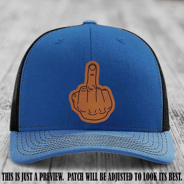 Flipping the Bird Rawhide to Black Patch Leather Patch on Royal to Black Hat