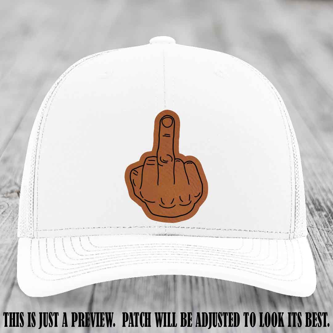 Flipping the Bird Rawhide to Black Patch Leather Patch on White Hat