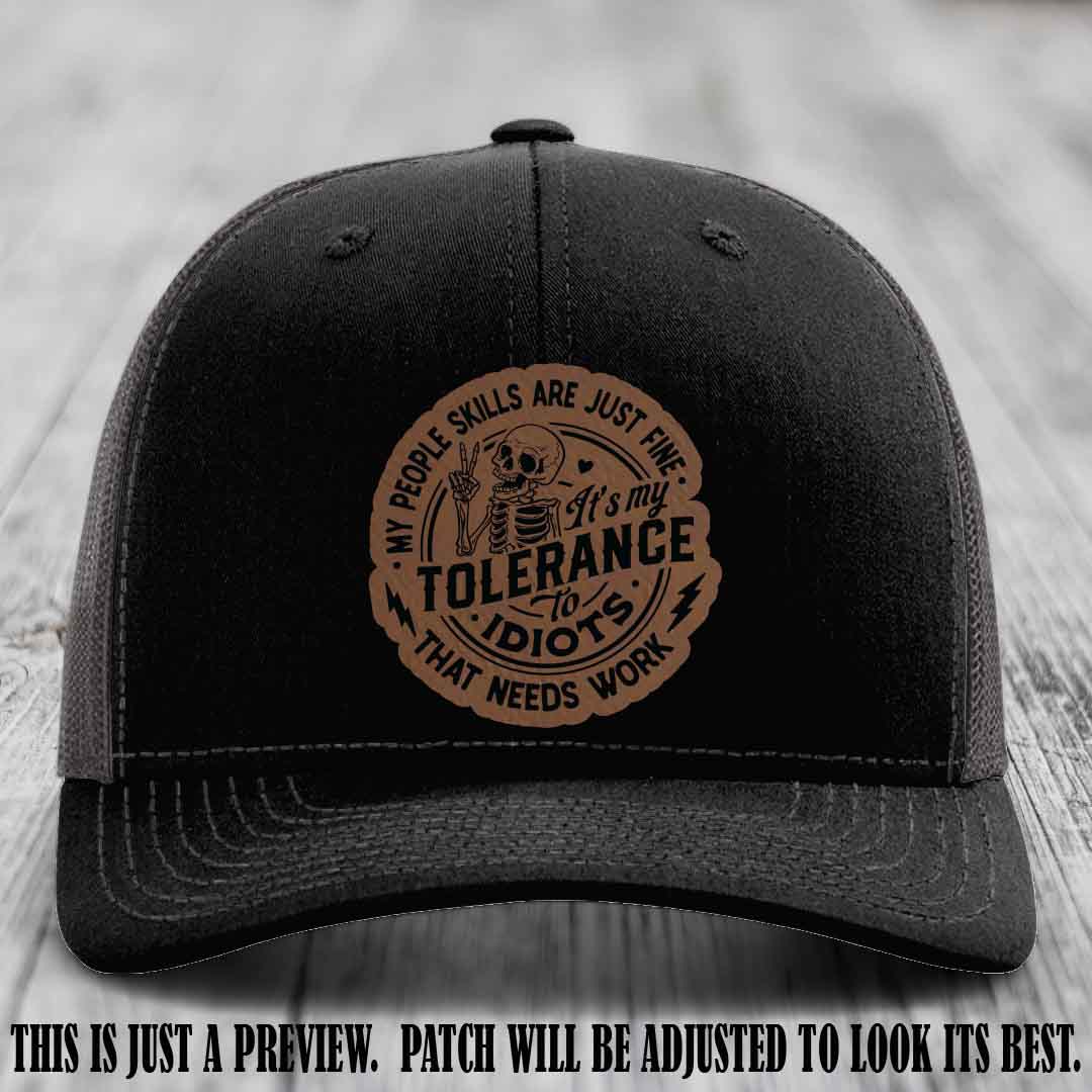 Tolerance to Idiots Dark Brown to Black Patch on Black to Charcoal Hat Richardson 112 leather patch hat