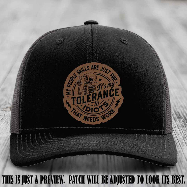 Tolerance to Idiots Dark Brown to Black Patch on Black to Charcoal Hat Richardson 112 leather patch hat