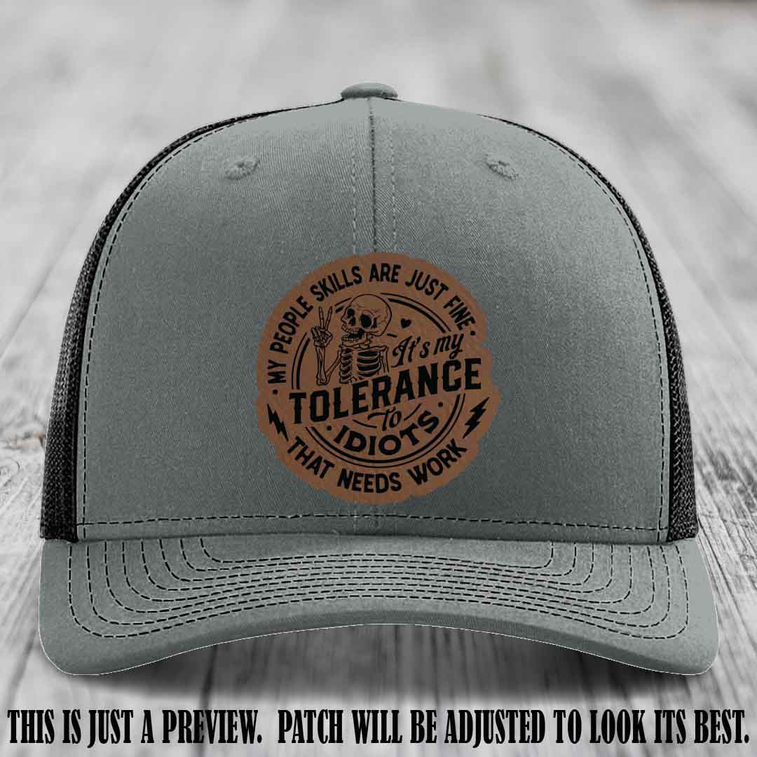 Tolerance to Idiots Dark Brown to Black Patch on Heather Grey to Black Hat Richardson 112 leather patch hat