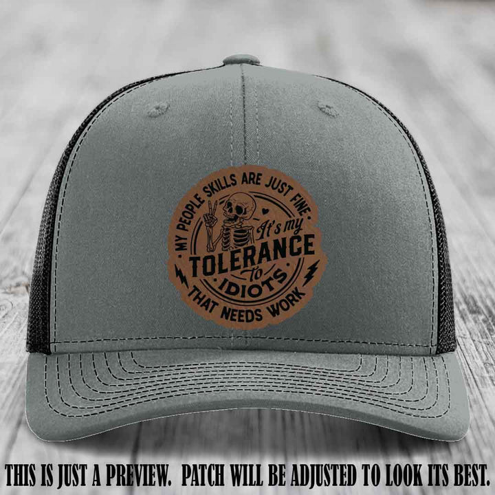 Tolerance to Idiots Dark Brown to Black Patch on Heather Grey to Black Hat Richardson 112 leather patch hat