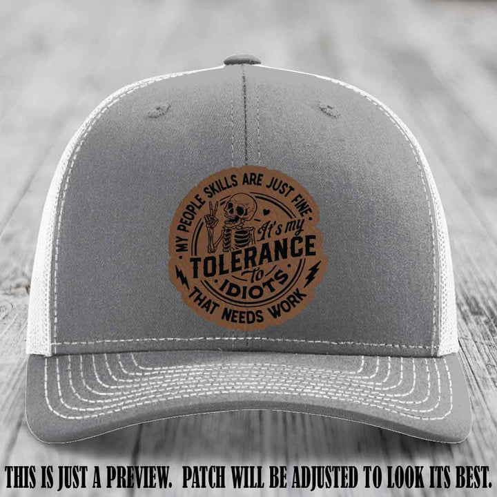 Tolerance to Idiots Dark Brown to Black Patch on Heather Grey to White Hat Richardson 112 leather patch hat