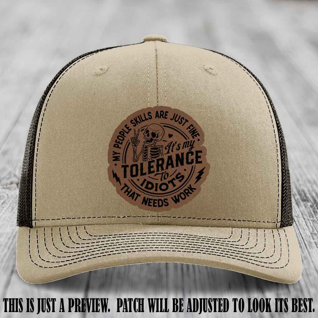 Tolerance to Idiots Dark Brown to Black Patch on Khaki to Coffee Hat Richardson 112 leather patch hat